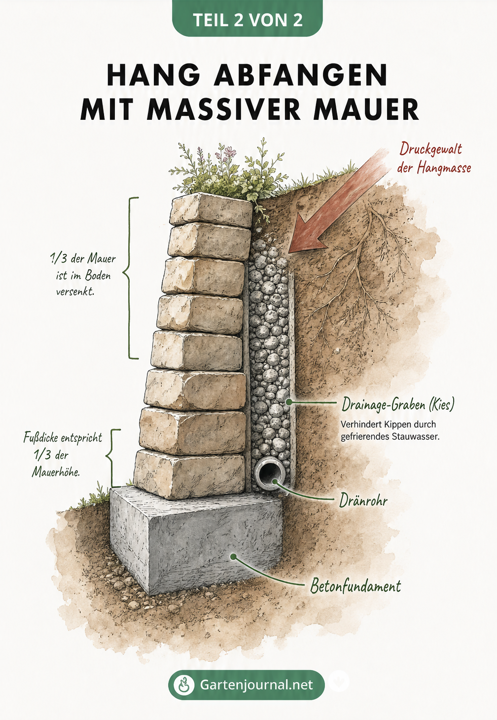 Fünf Methoden zur Hangbefestigung im Vergleich: Schwergewichtsmauer, Beton-Fertigelemente, Pflanzsteine, Holz-Palisaden und Begrünung