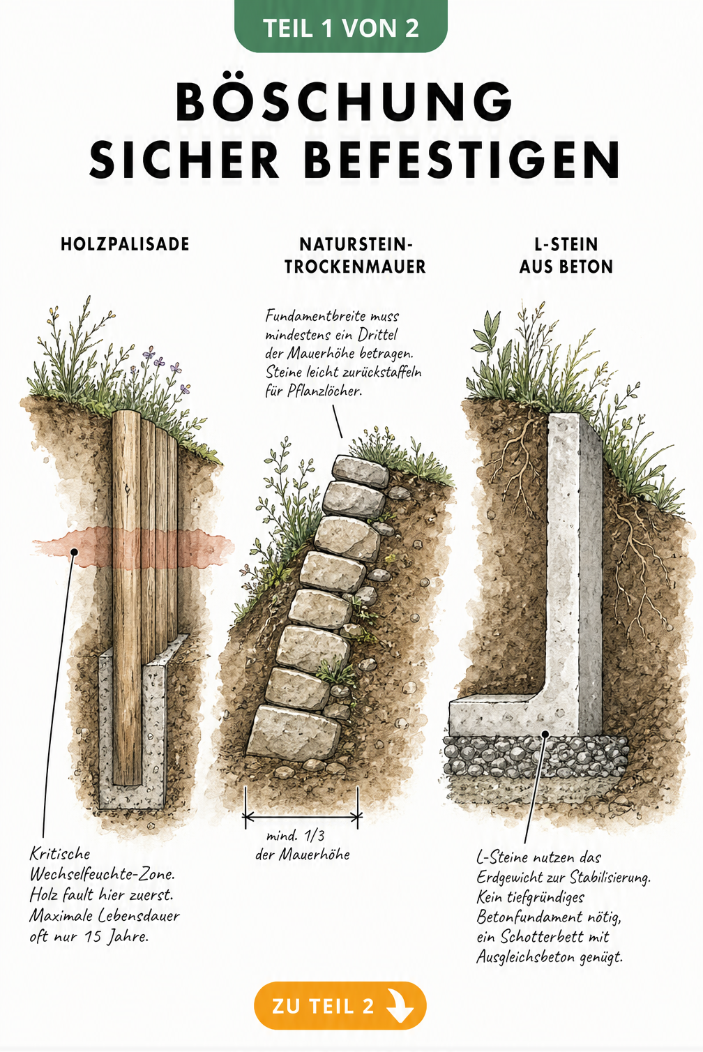 Querschnitte von Hangbefestigungen mit Holzpalisade, Naturstein-Trockenmauer und L-Stein aus Beton