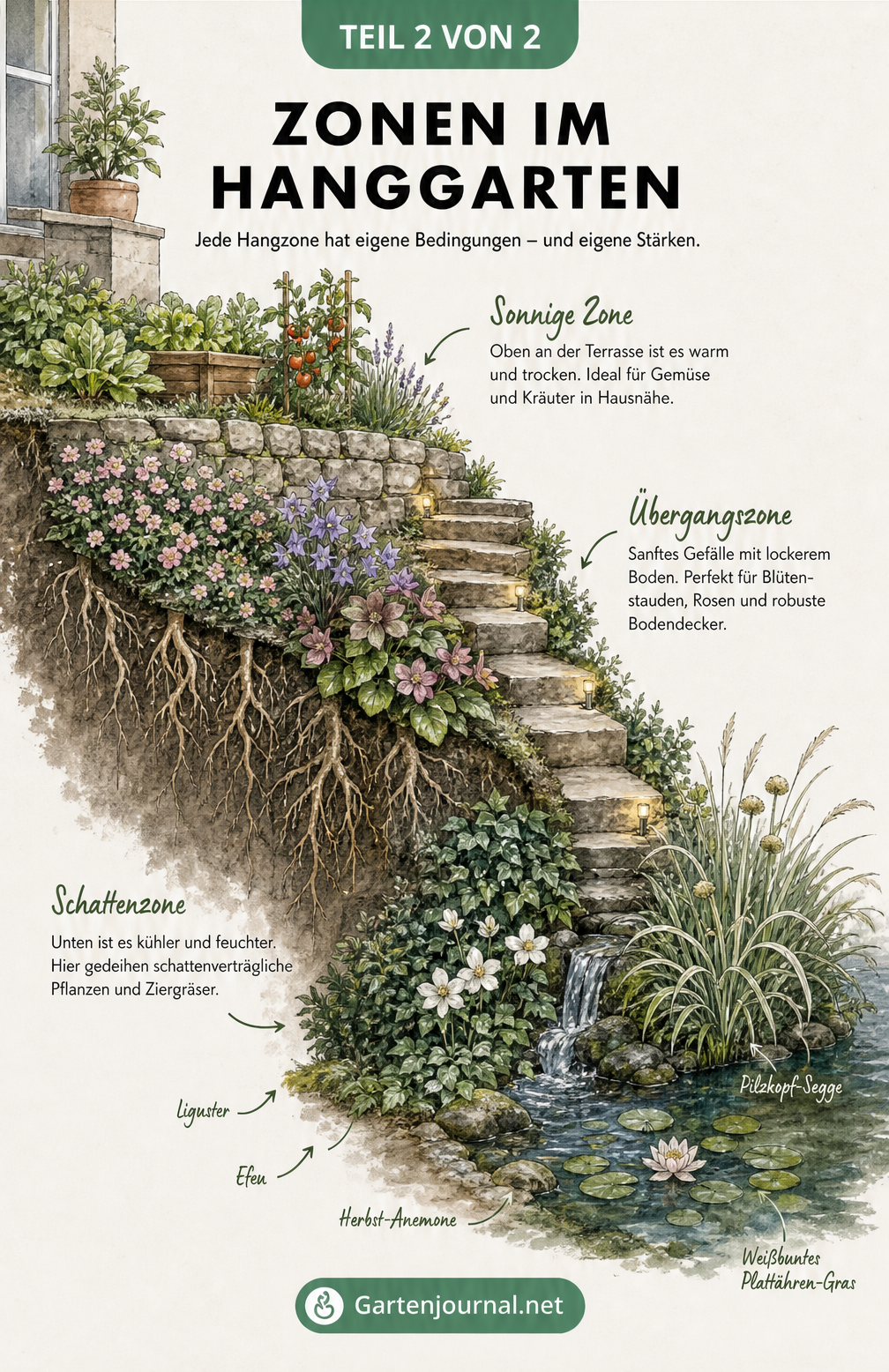 Querschnitt eines terrassierten Hanggartens mit sonniger Zone für Gemüse oben, bepflanztem Mittelteil mit Treppe und schattigem Bachlauf unten.