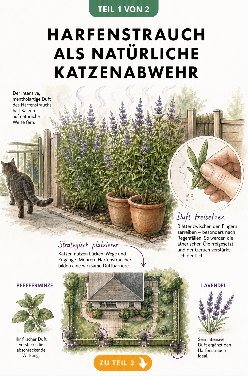 Querschnitt eines Gartens mit Harfensträuchern am Zaun, deren Duftschwaden eine Katze abwehren, sowie Detailansicht eines zerriebenen Blattes.