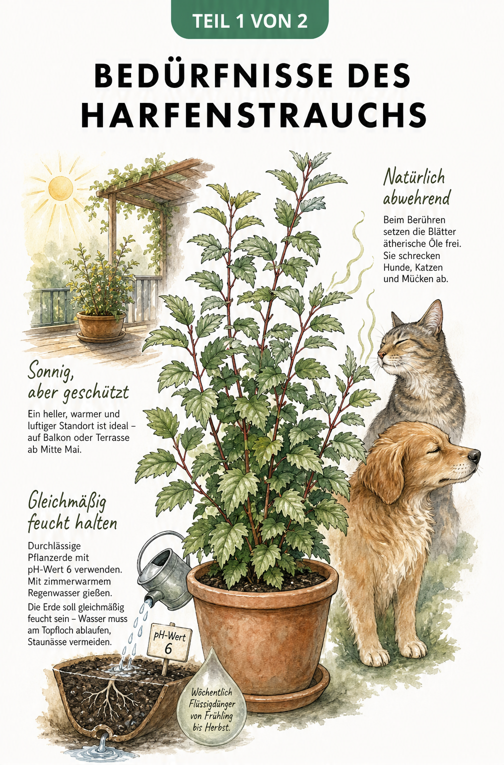 Illustration eines Harfenstrauchs im Terrakottatopfe mit Details zu Standort, Gießen, Düngen und der abwehrenden Wirkung auf Tiere