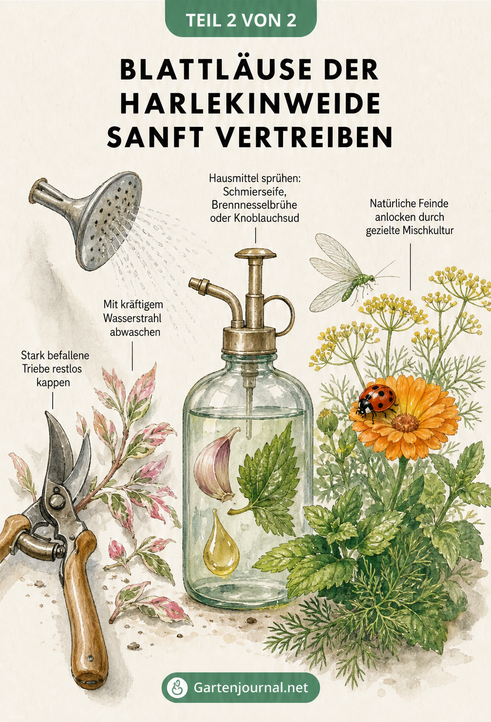 Aquarell-Illustration zur Bekämpfung von Blattläusen mit Gartenschere, Wasserstrahl, Hausmitteln wie Schmierseife und natürlichen Feinden wie Marienkäfern