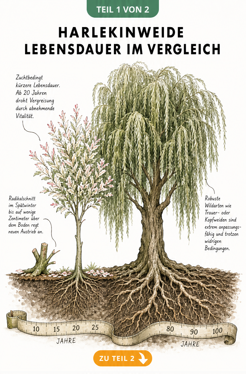 Botanische Illustration im Vintage-Stil vergleicht die Lebensdauer einer Harlekinweide mit einer Trauerweide.