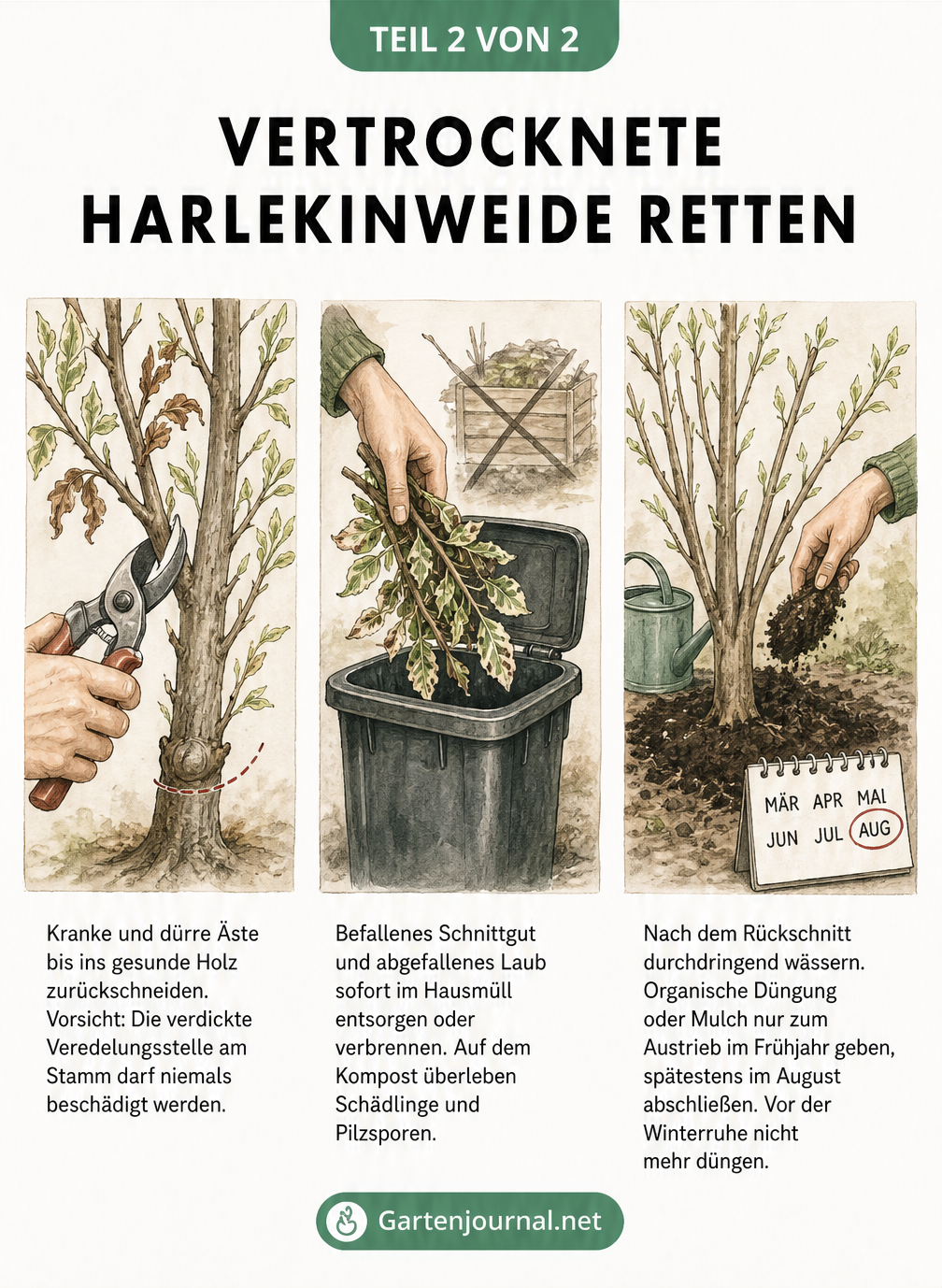 Drei Illustrationen zur Rettung einer Harlekinweide: Rückschnitt mit Gartenschere, Entsorgung von krankem Laub im Hausmüll und Düngung mit Kompost