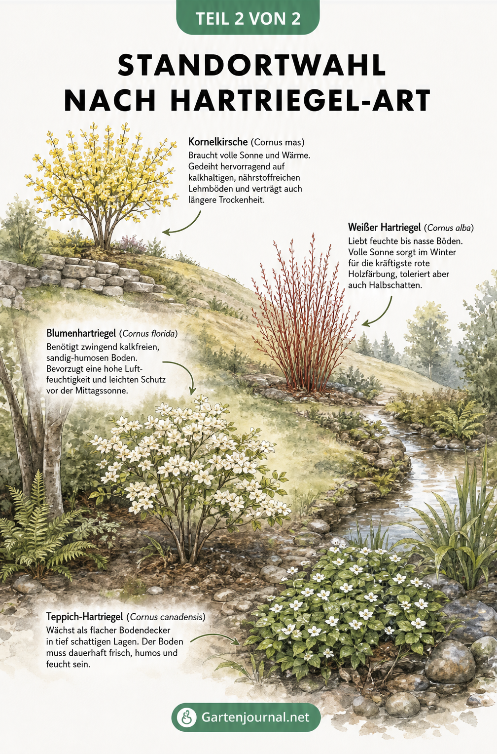 Gartenlandschaft mit verschiedenen Mikroklimata und vier Hartriegel-Arten an ihren idealen Standorten