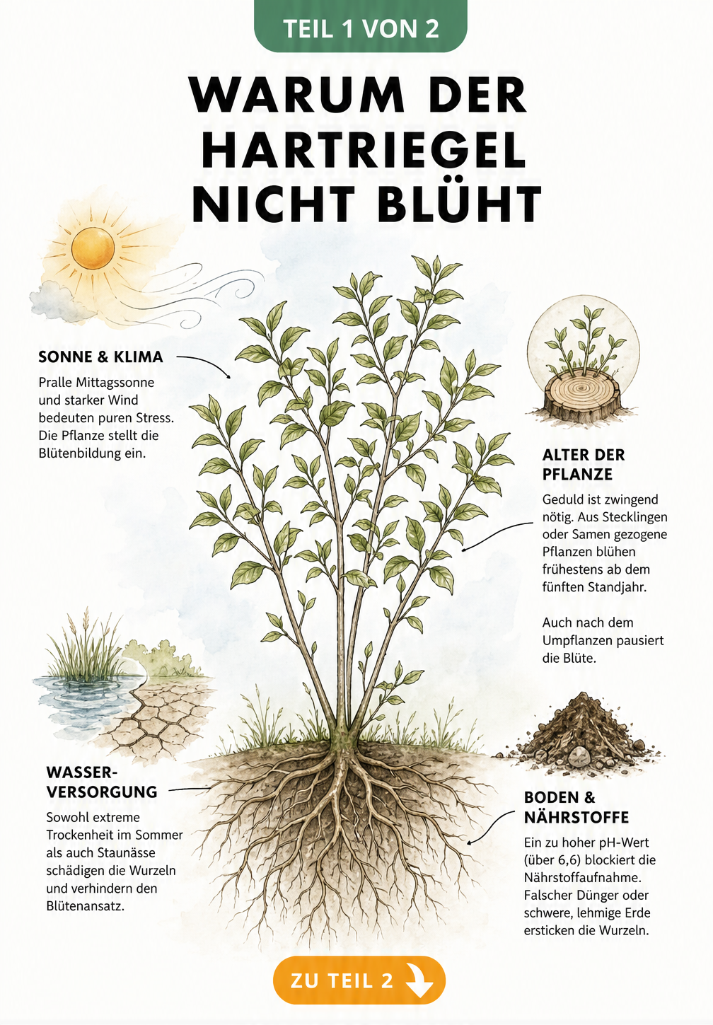 Botanische Illustration eines Hartriegels ohne Blüten mit vier Stressfaktoren wie Sonne, Alter, Wasser und Boden