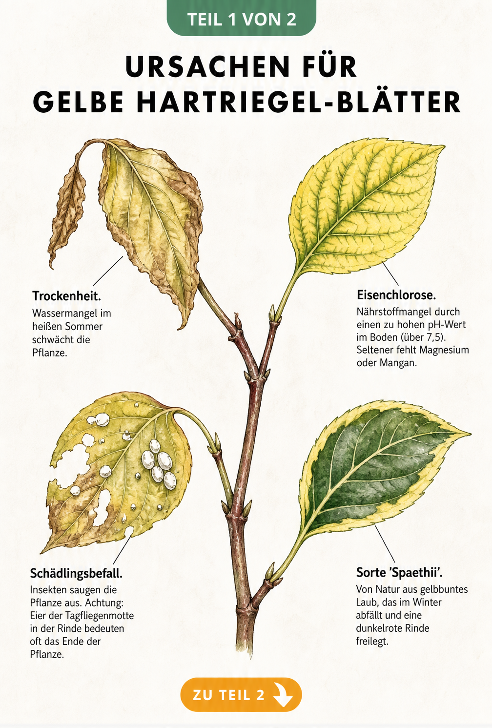 Botanische Illustration eines Hartriegel-Zweigs mit vier Blättern, die verschiedene Schadbilder wie Trockenheit, Eisenchlorose und Schädlingsbefall sowie die...