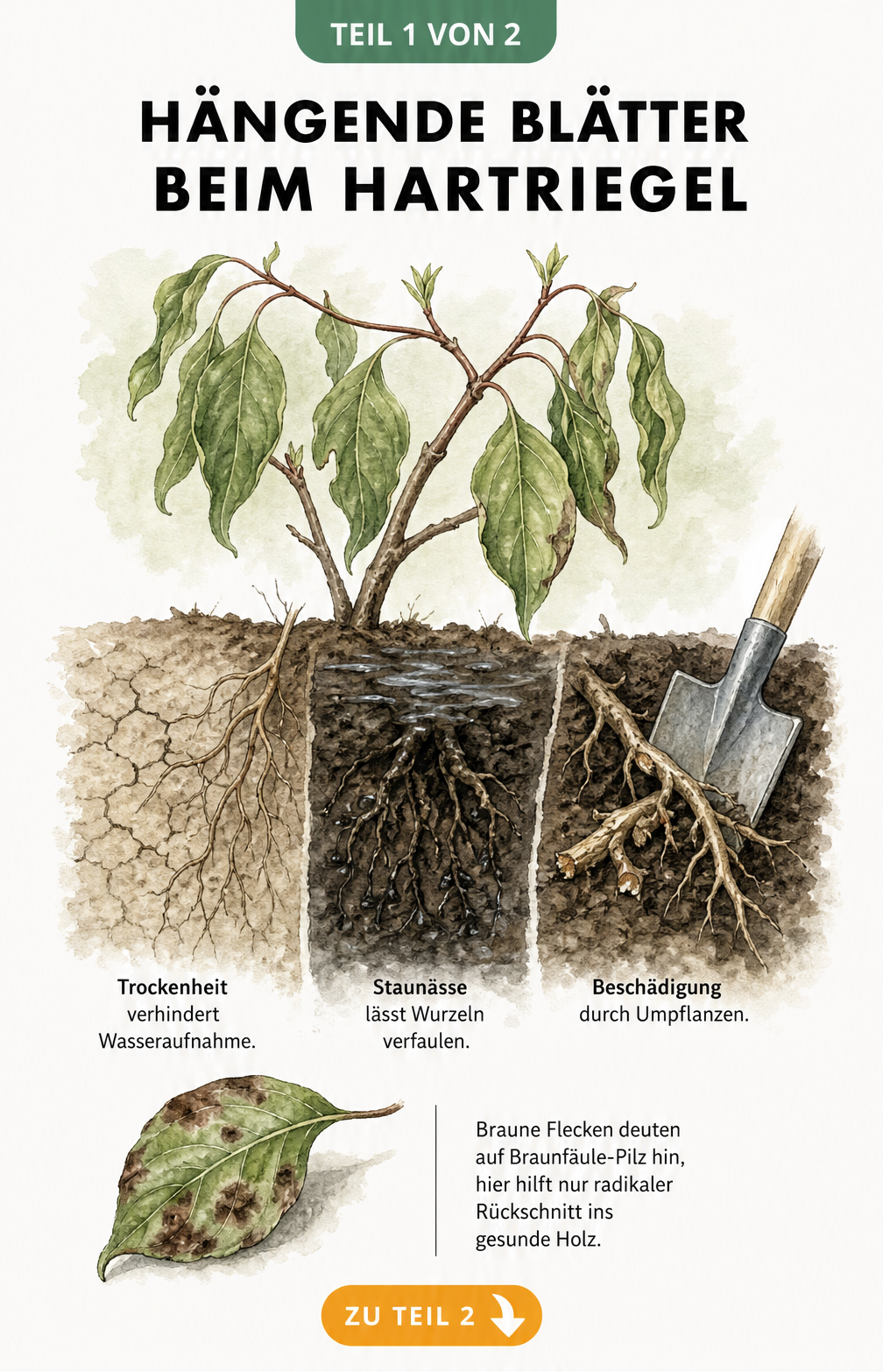 Botanische Schnittzeichnung eines Blumenhartriegels mit hängenden Blättern, die Ursachen wie Trockenheit, Staunässe und Wurzelschäden im Erdreich zeigt