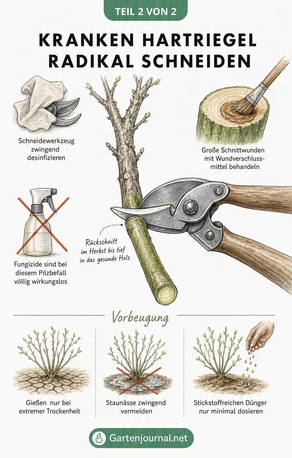 Illustration einer Gartenschere, die einen kranken Hartriegel-Ast bis ins gesunde grüne Holz zurückschneidet.