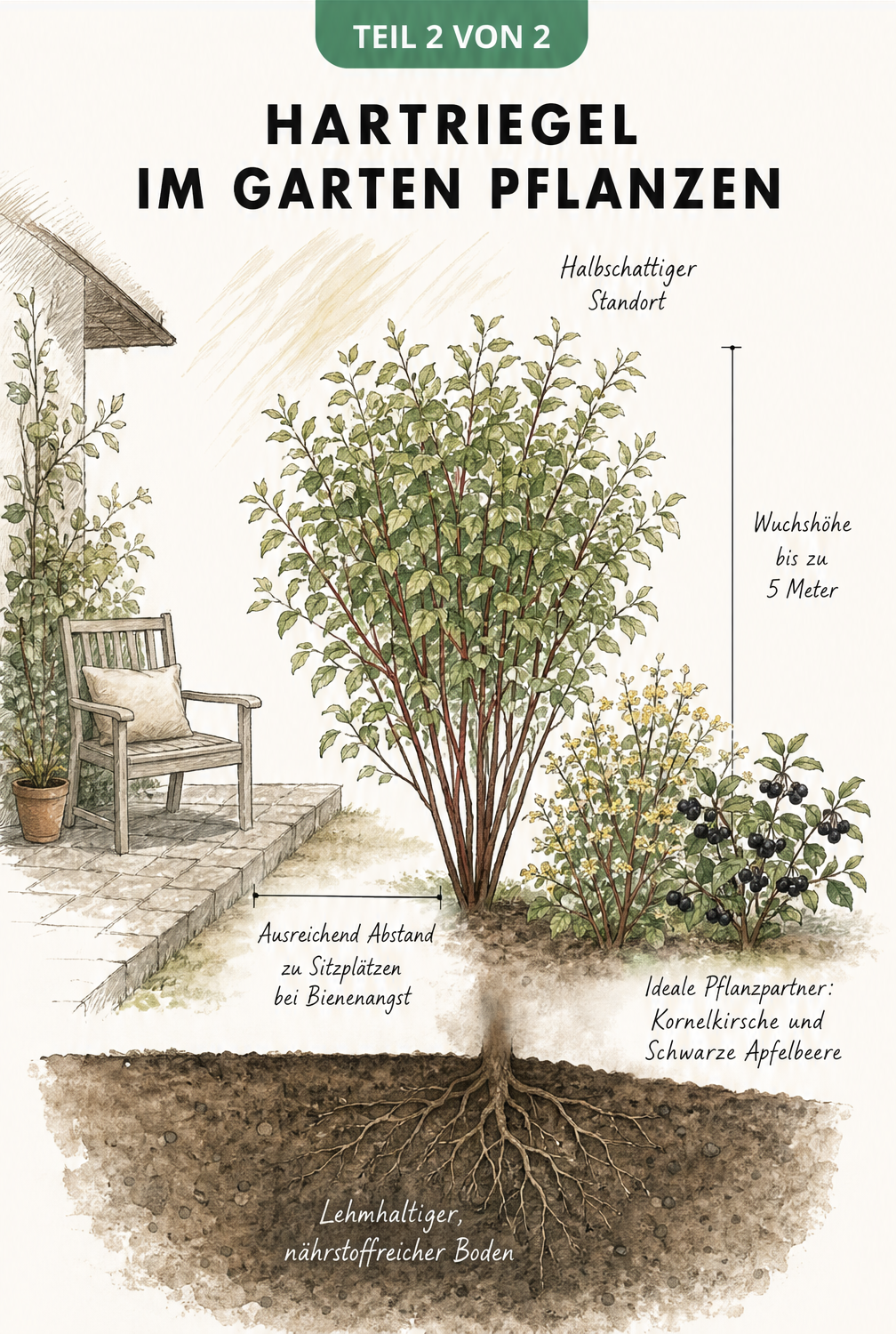 Gartenskizze eines Hartriegel-Strauchs mit Maßlinien für Wuchshöhe, Pflanzabstand zur Terrasse und Bodenansprüchen