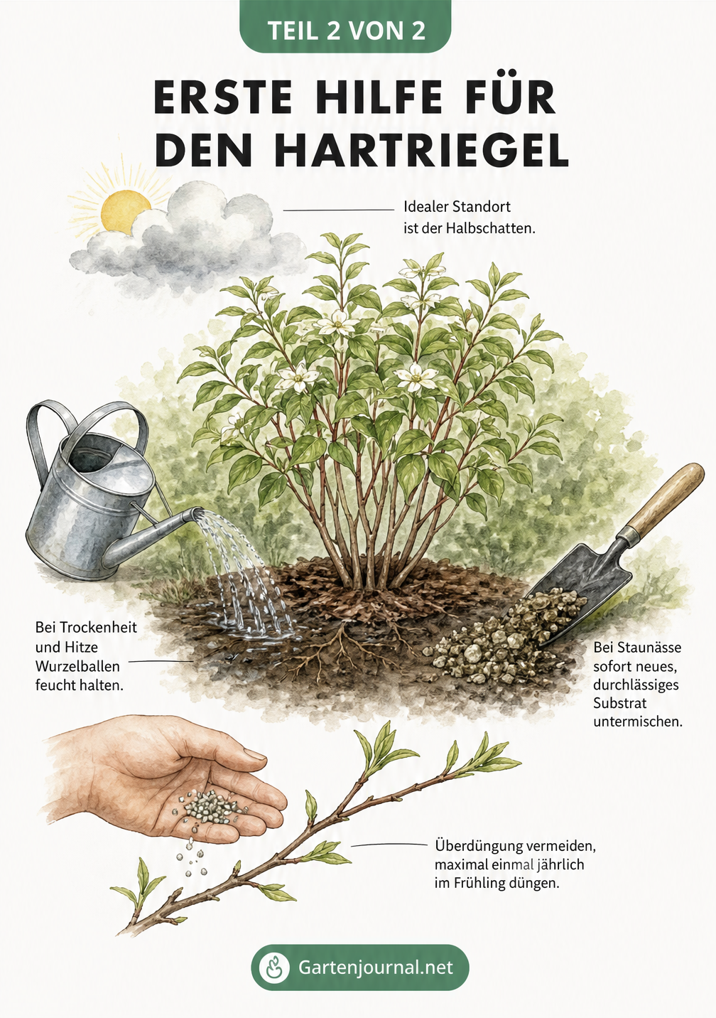 Illustration eines gesunden Hartriegel-Strauchs mit Pflegetipps zu Standort, Gießen, Substrat und Düngung