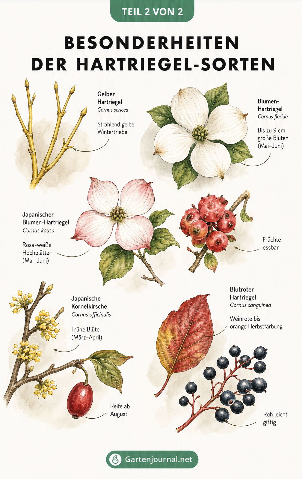 Vintage-Aquarell-Illustration der Besonderheiten von Hartriegel-Sorten wie Blüten, Blätter und Früchte