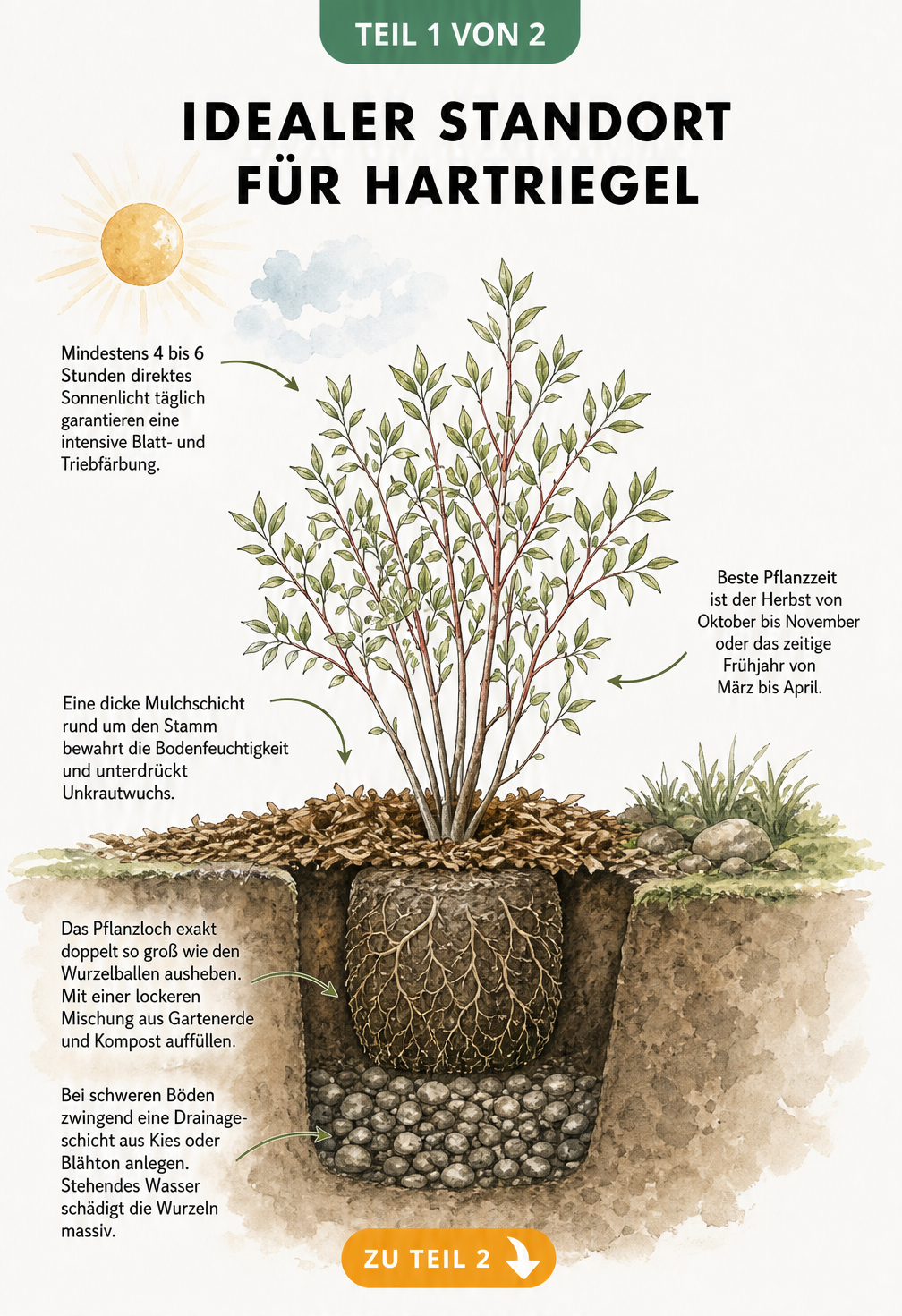 Botanische Querschnitt-Illustration eines frisch gepflanzten Hartriegel-Strauchs mit Wurzelballen, Mulchschicht und Sonne