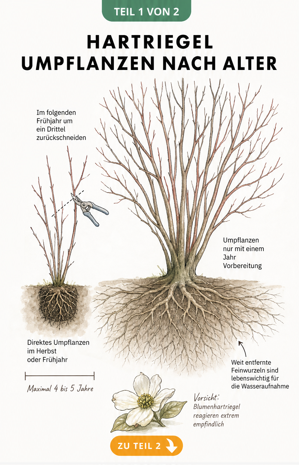 Illustration eines jungen und eines alten Hartriegels im Vergleich beim Umpflanzen