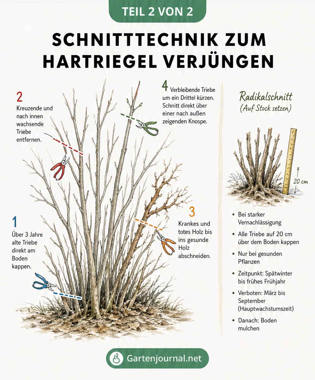 Illustration der Schnitttechnik zum Verjüngen eines Hartriegelstrauchs
