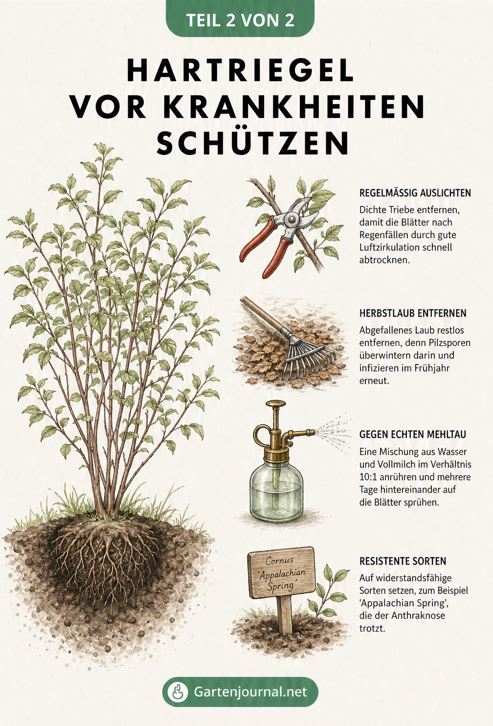 Illustration eines gesunden Hartriegel-Strauchs mit vier Pflegetipps: Auslichten, Herbstlaub entfernen, mit Milch-Wasser-Mischung sprühen und resistente Sorten...