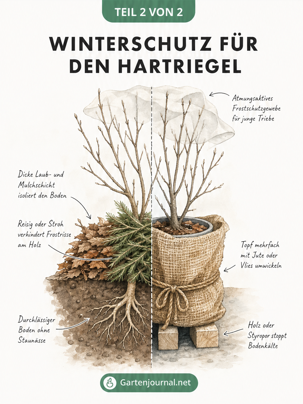 Aquarell-Zeichnung eines Hartriegelstrauchs mit Winterschutz im Gartenboden und im Pflanzkübel