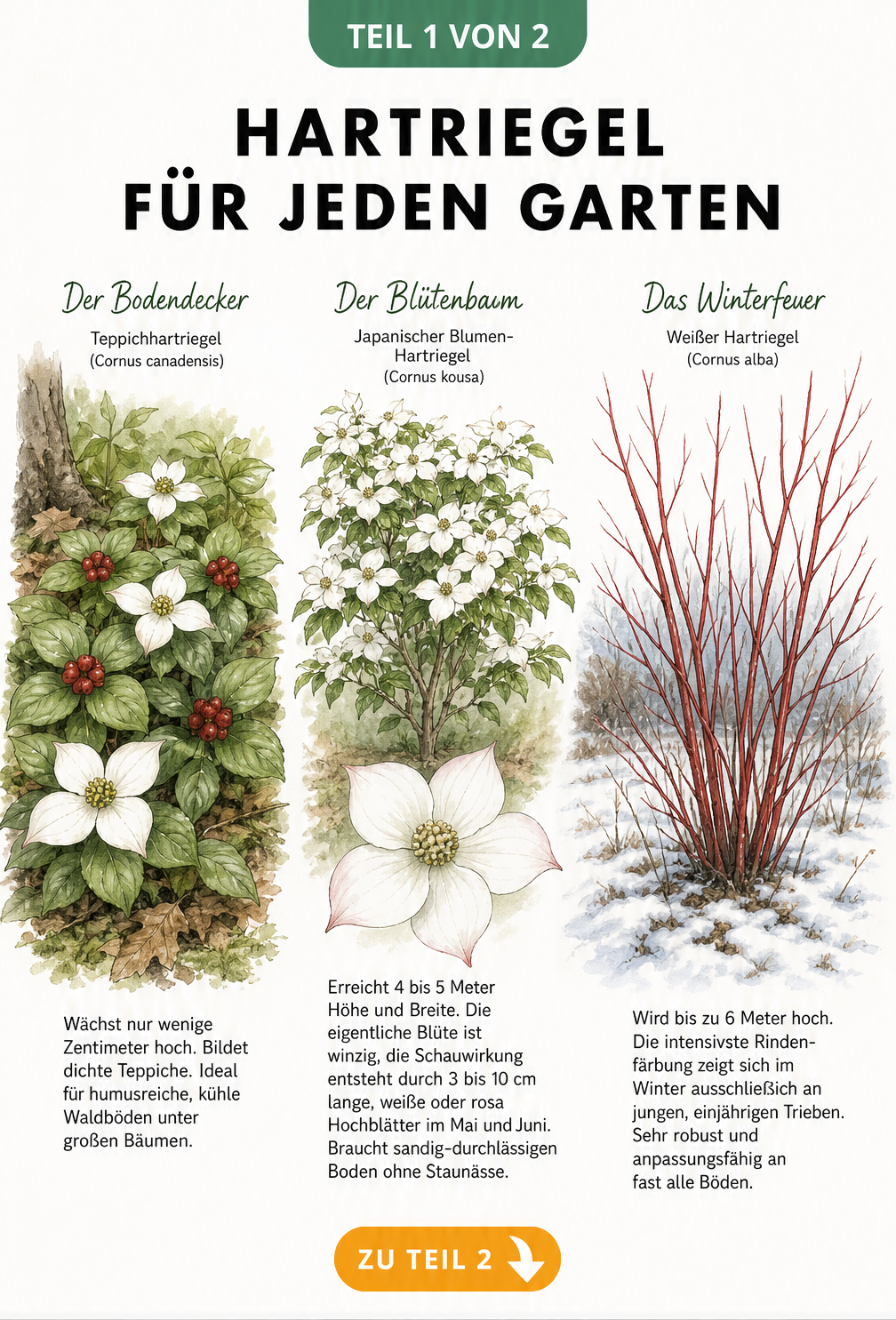 Illustration von drei Hartriegel-Wuchsformen: Teppichhartriegel als Bodendecker, Japanischer Blumen-Hartriegel als Blütenbaum und Weißer Hartriegel mit roten...