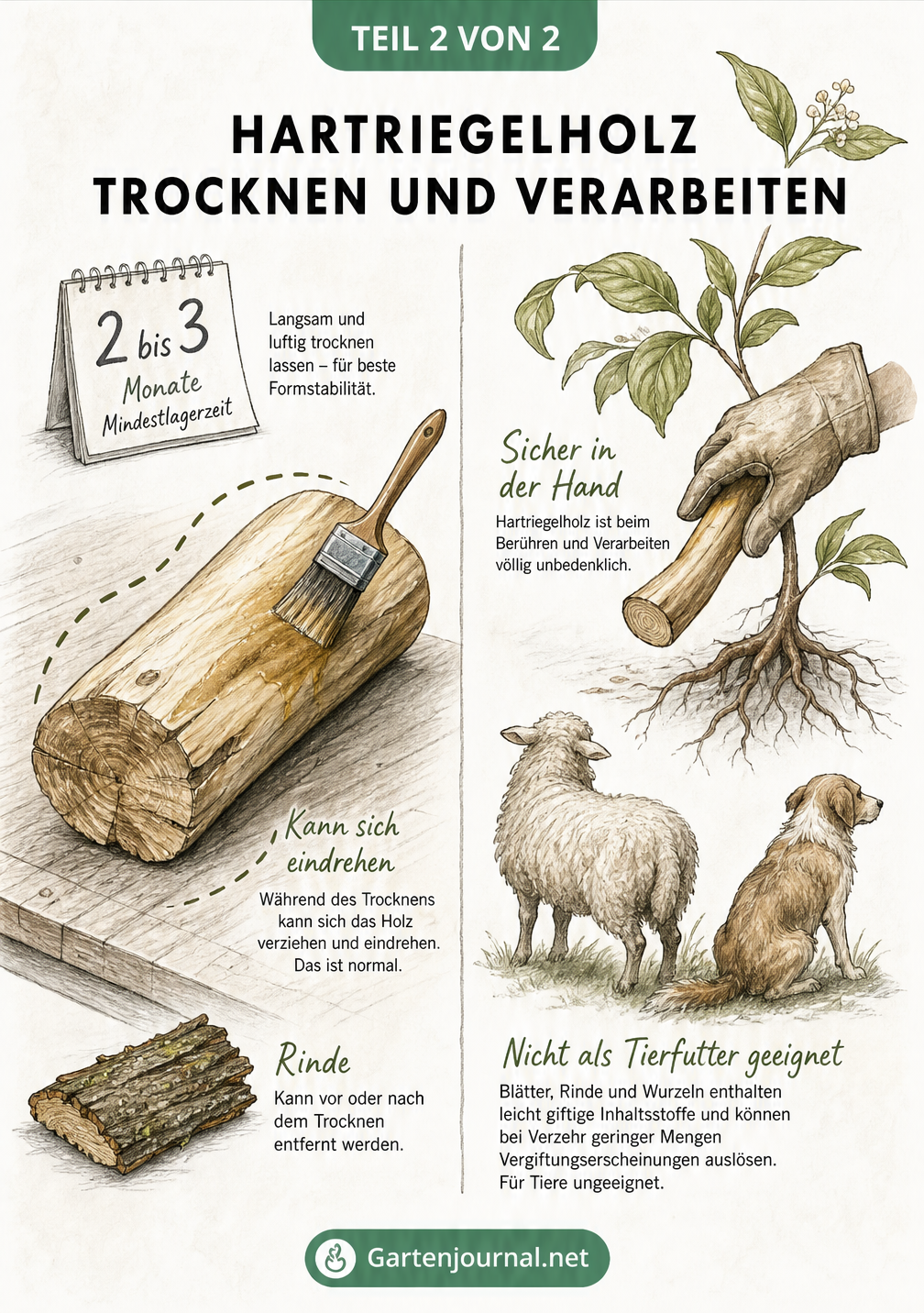 Skizze zur Trocknung und Verarbeitung von Hartriegelholz mit Hinweisen zur Lagerzeit und Giftigkeit