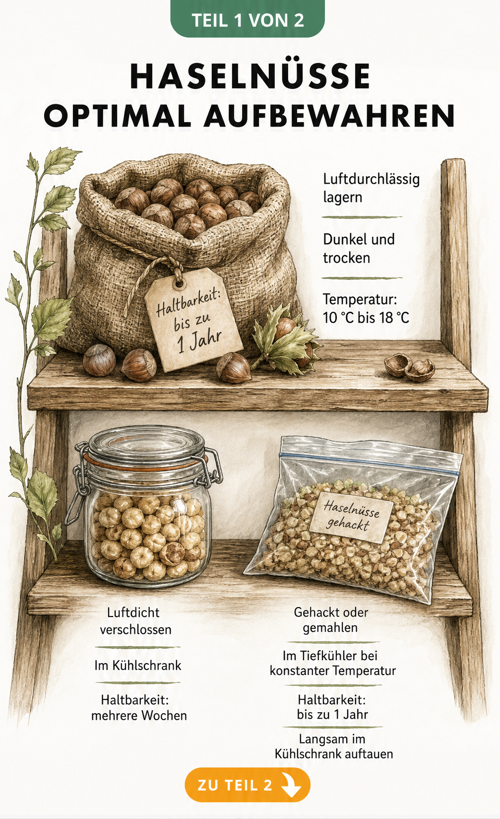 Illustration eines Holzregals zur Lagerung von Haselnüssen, oben ungeschälte Nüsse im Jutesack, unten geschälte Nüsse im Glas und Gefrierbeutel