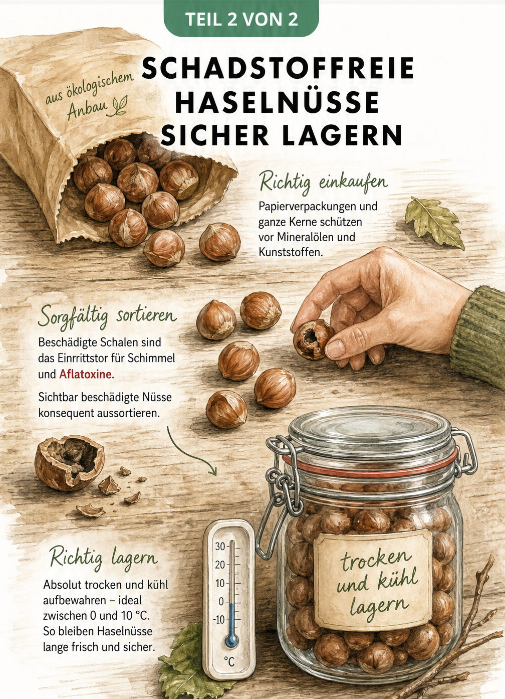Aquarell-Illustration zur sicheren Lagerung von Haselnüssen in Papiertüten und Bügelgläsern sowie dem Aussortieren beschädigter Nüsse.