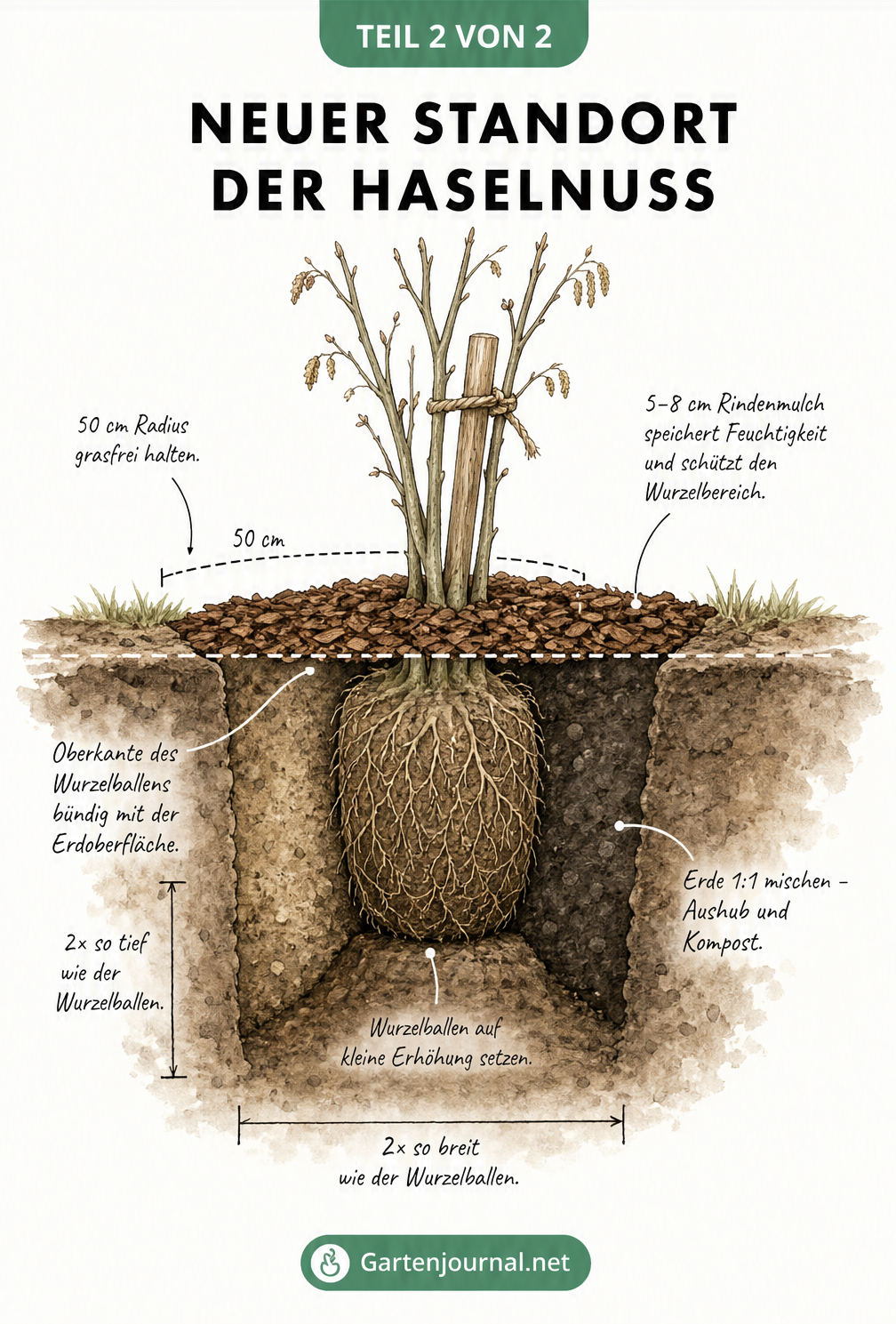 Querschnitt-Illustration des neuen Pflanzlochs für eine Haselnuss mit Wurzelballen, Kompost-Erde-Mischung und Rindenmulch