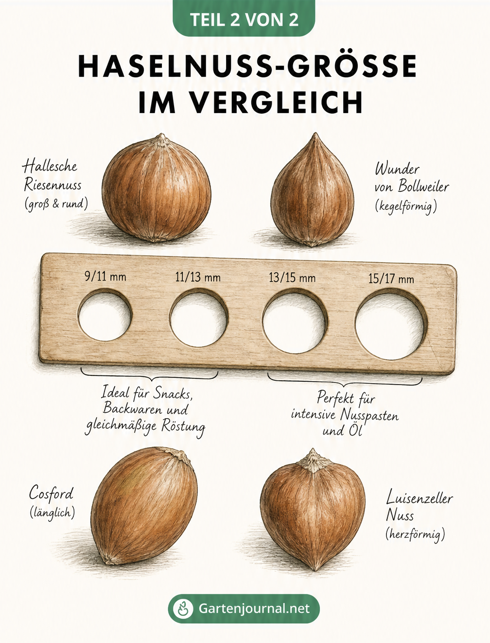 Vergleich verschiedener Haselnusssorten und ihrer Größenklassen auf einer Messschablone