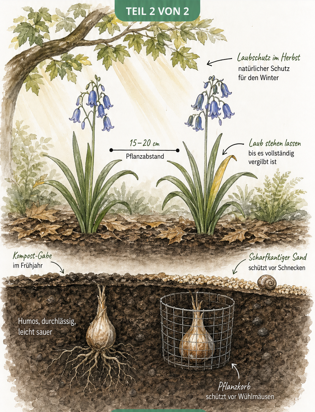 Querschnitt eines Gartenbeets mit Hasenglöckchen im Halbschatten