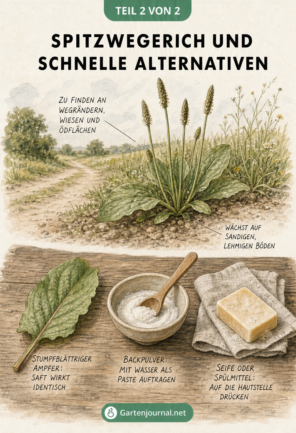 Vintage-Illustration einer Landschaft mit Spitzwegerich am Wegrand und einem Holztisch mit Alternativen wie Stumpfblättrigem Ampfer, Backpulver und Seife.