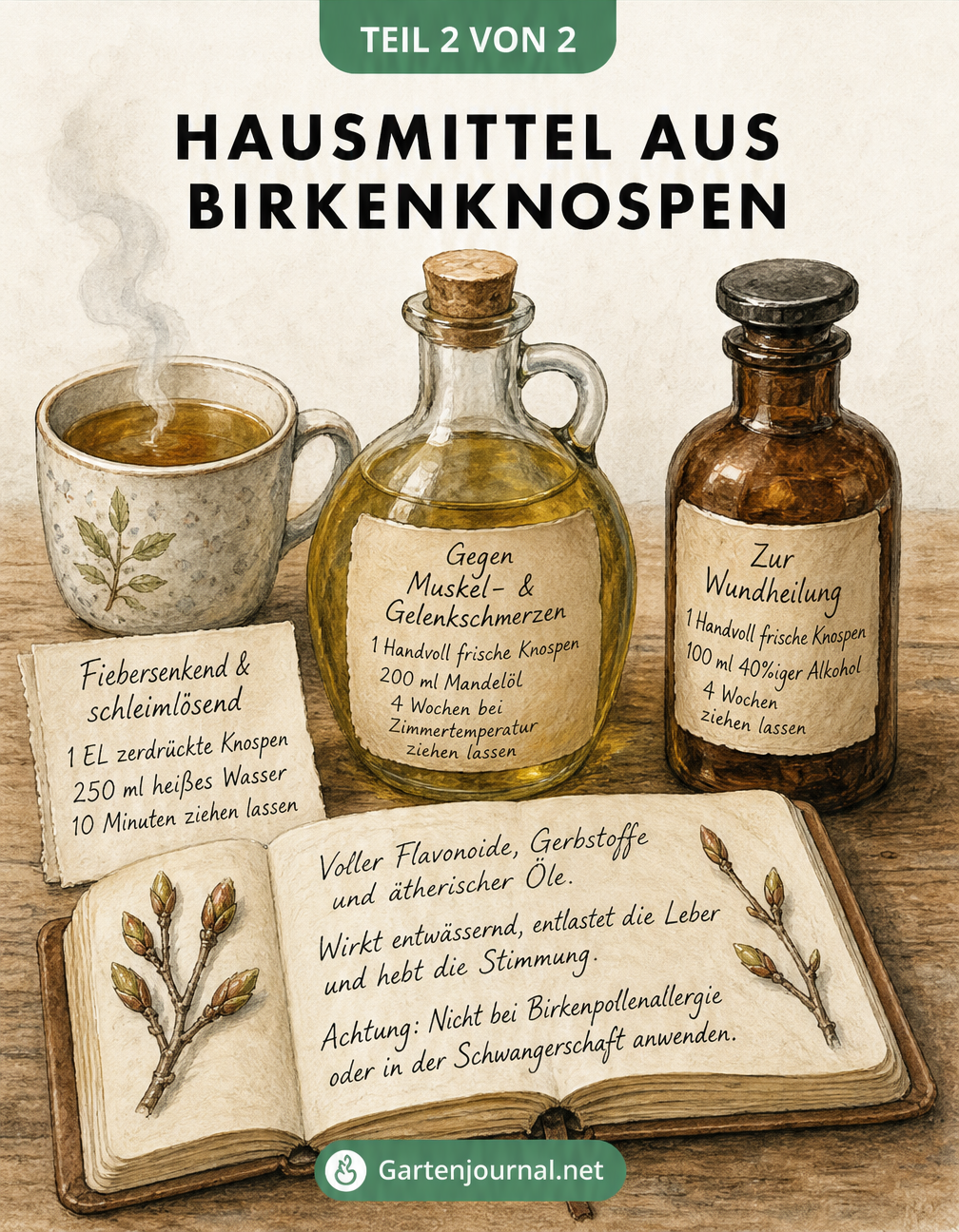 Aquarell-Illustration von Hausmitteln aus Birkenknospen: Tee, Öl und Tinktur mit Rezepten.