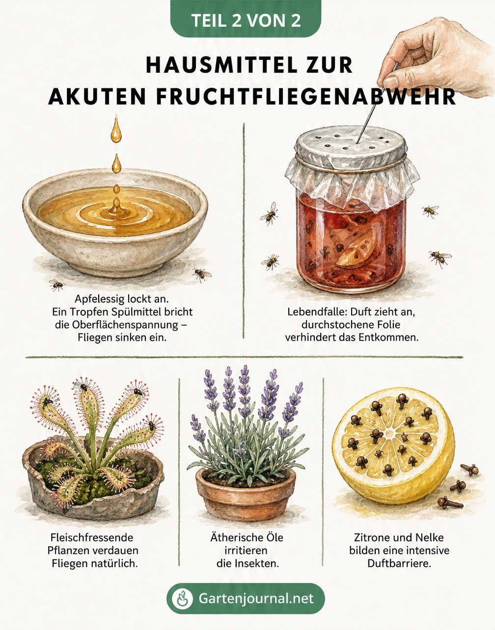 Vintage-Lehrtafel mit Hausmitteln gegen Fruchtfliegen wie Apfelessig-Falle, Fettkraut, Lavendel und Zitrone mit Nelken