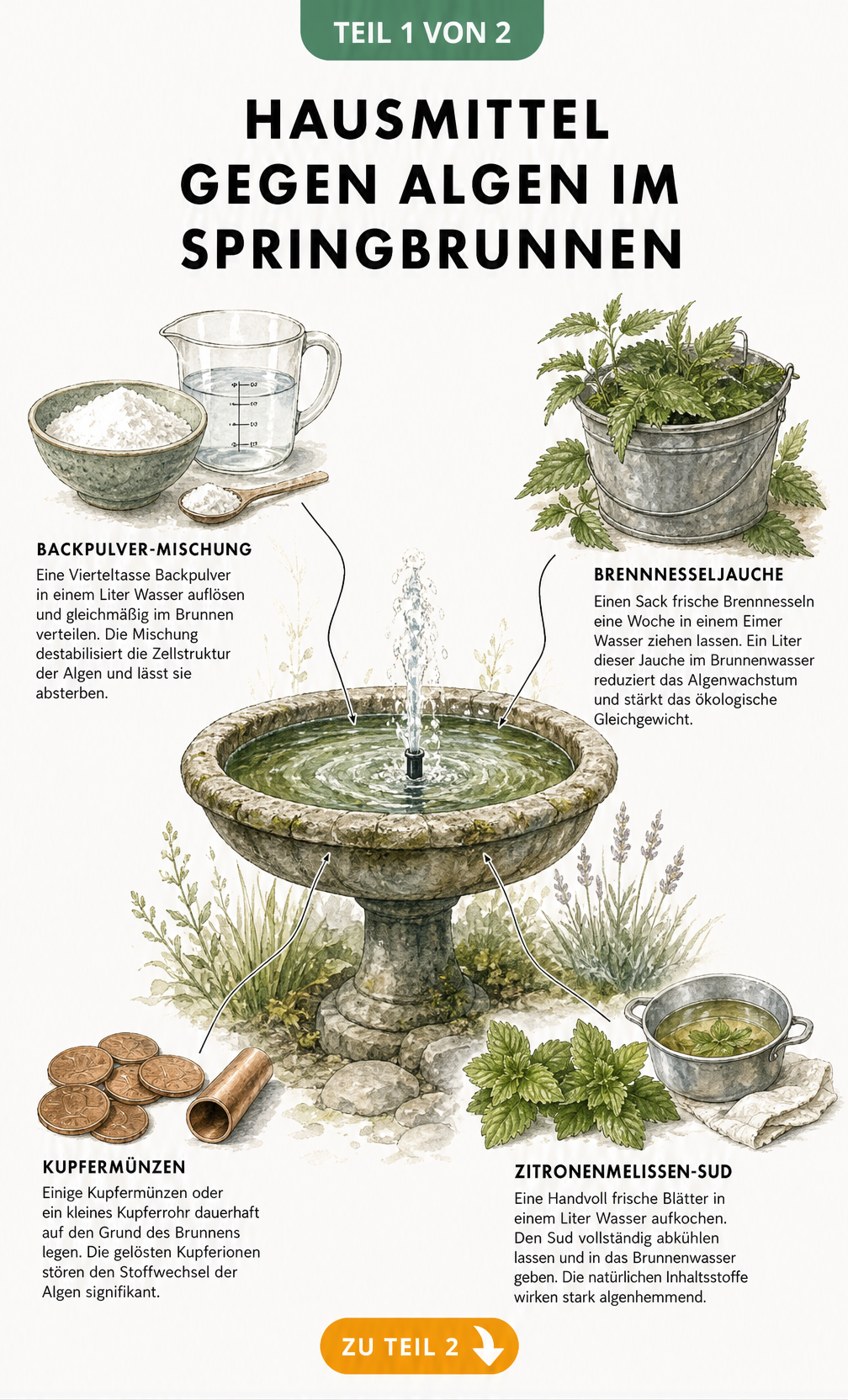 Illustration von Hausmitteln gegen Algen im Springbrunnen wie Backpulver, Brennnesseljauche, Kupfermünzen und Zitronenmelissen-Sud
