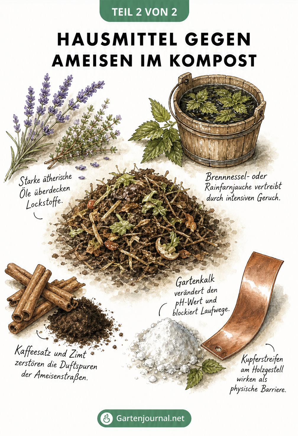 Botanische Illustration von Hausmitteln gegen Ameisen wie Lavendel, Brennnesseljauche, Kaffeesatz, Zimt und Kupferstreifen rund um einen Komposthaufen.