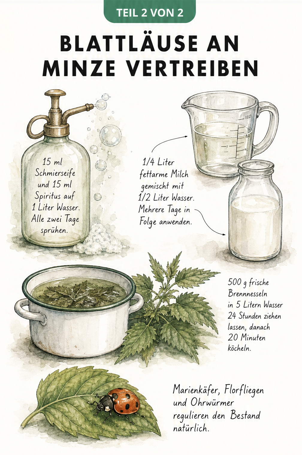 Illustration von natürlichen Hausmitteln gegen Blattläuse an Minze, darunter Schmierseife, Milch-Wasser-Gemisch und Brennnesselbrühe sowie ein Marienkäfer als...