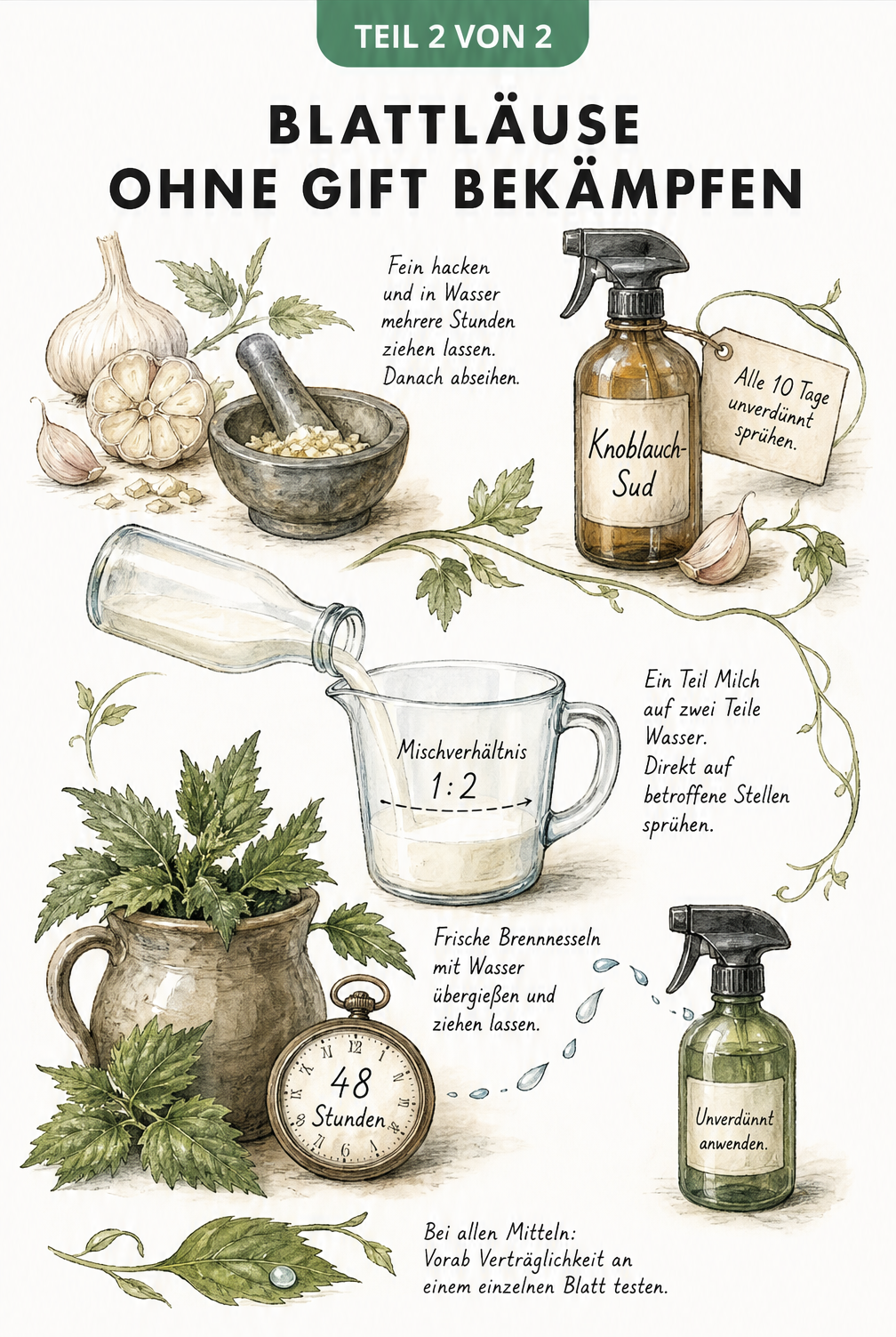 Illustration von drei natürlichen Hausmitteln gegen Blattläuse: Knoblauch-Sud, Milch-Mischung und Brennnessel-Sud in Sprühflaschen und Gläsern.