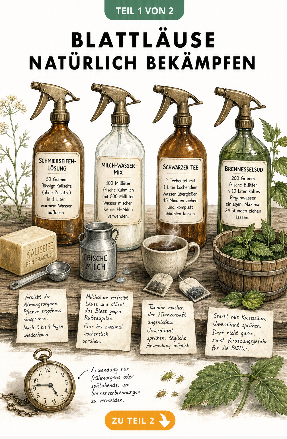 Vier Apothekerflaschen mit Hausmitteln gegen Blattläuse: Schmierseife, Milch-Wasser-Mix, Schwarzer Tee und Brennnesselsud auf einem Pflanztisch.
