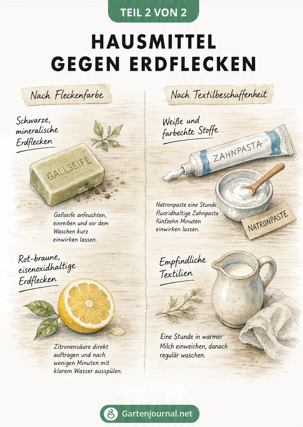 Illustration verschiedener Hausmittel gegen Erdflecken: Gallseife für schwarze Erde, Zitrone für rot-braune Flecken, Natron und Zahnpasta für weiße Stoffe...