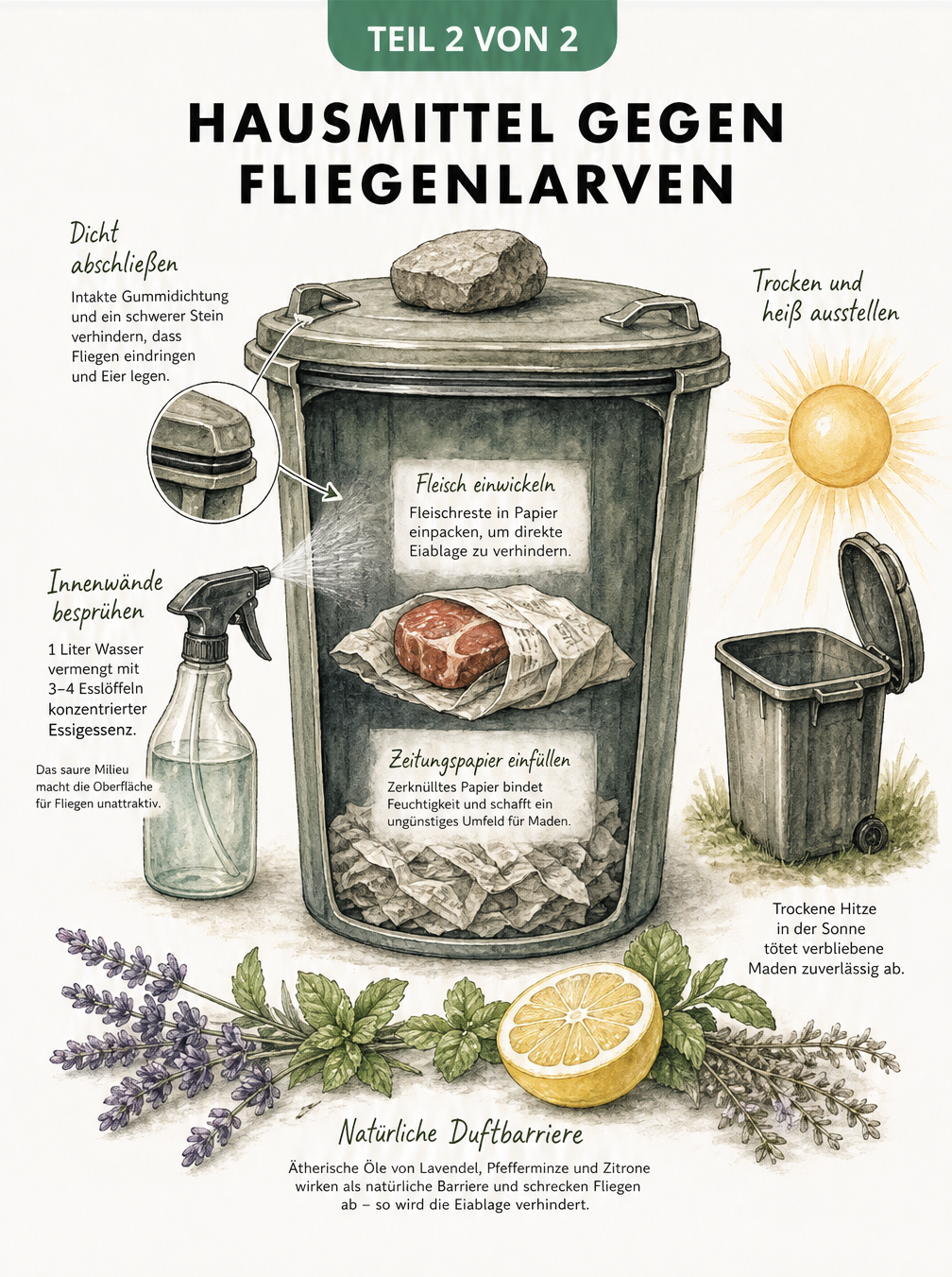Querschnitt einer Mülltonne mit Hausmitteln gegen Fliegenmaden wie Essigessenz, Zeitungspapier und ätherischen Ölen