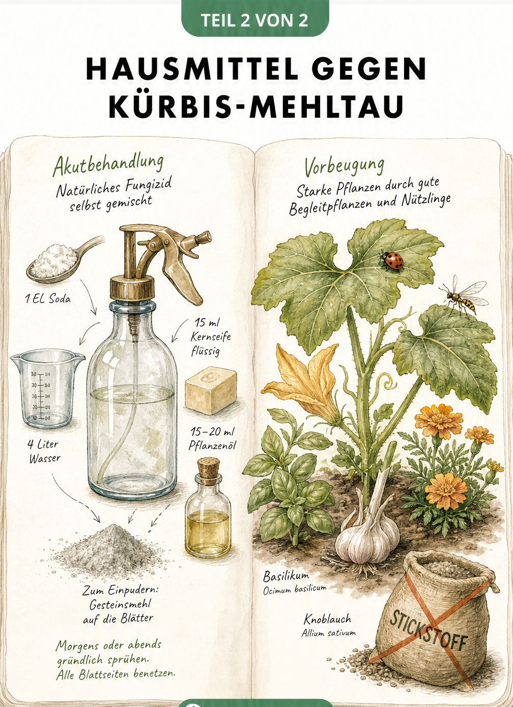 Illustration eines Gärtner-Notizbuchs mit Hausmitteln gegen Kürbis-Mehltau, darunter eine Sprühflasche mit Soda, Kernseife und Pflanzenöl sowie schützende...