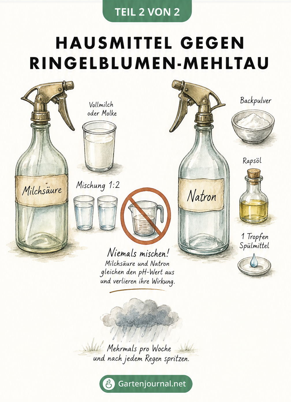 Illustration von Sprühflaschen mit Hausmitteln gegen Mehltau: Milchsäure und Natron