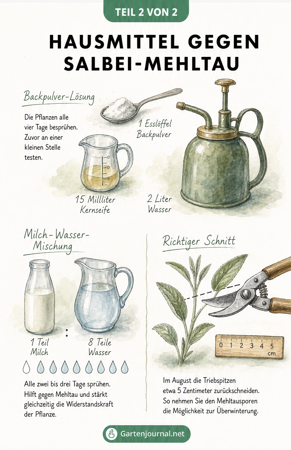 Illustration von Hausmitteln gegen Salbei-Mehltau wie Backpulver-Lösung, Milch-Wasser-Mischung und Pflanzenschnitt