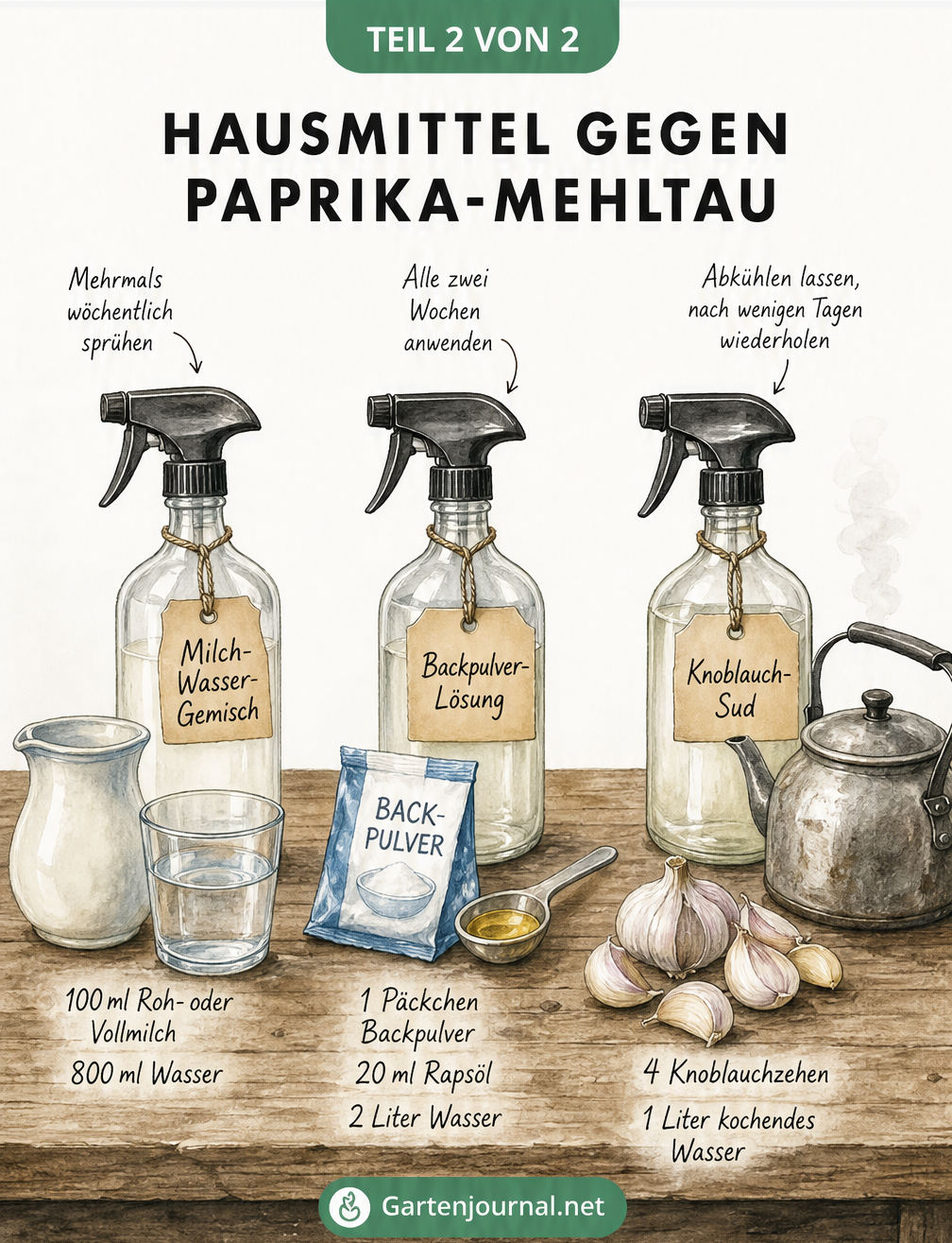 Drei Sprühflaschen mit natürlichen Hausmitteln gegen Paprika-Mehltau: Milch, Backpulver und Knoblauch