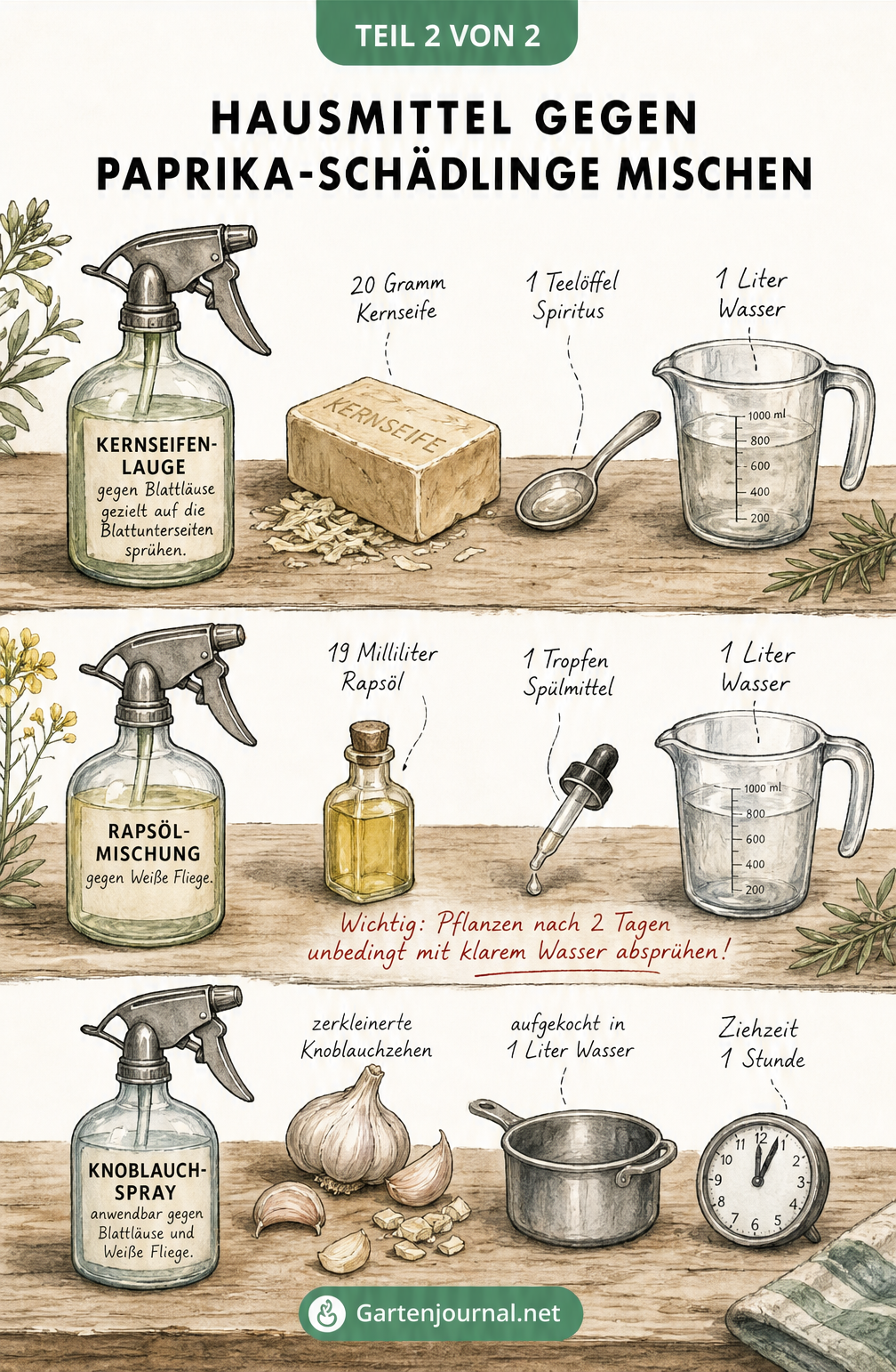 Illustration von drei Sprühflaschen mit Hausmitteln gegen Paprika-Schädlinge: Kernseifenlauge, Rapsöl-Mischung und Knoblauchspray samt Zutaten