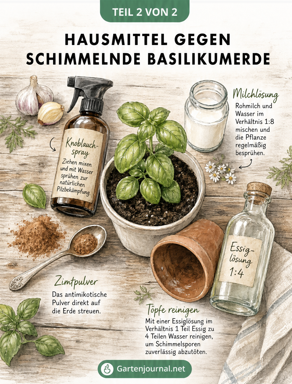 Illustration eines Pflanztisches mit Basilikum und Hausmitteln wie Knoblauchspray, Rohmilch, Zimt und Essig gegen Schimmel