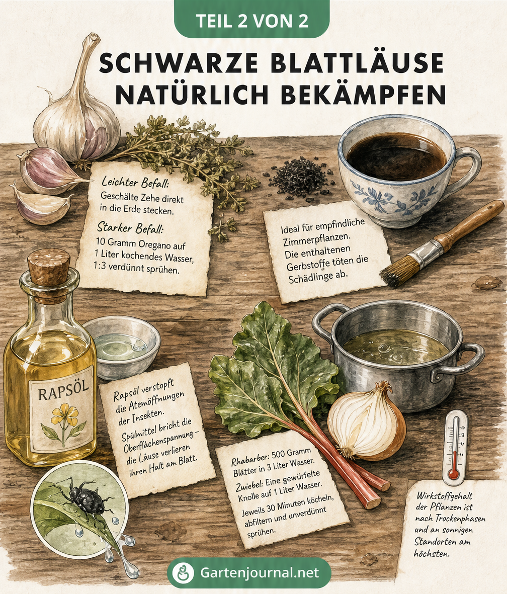 Illustration einer Gartenwerkbank mit natürlichen Hausmitteln gegen schwarze Blattläuse wie Knoblauch, Oregano, Schwarztee, Rapsöl und Rhabarber.