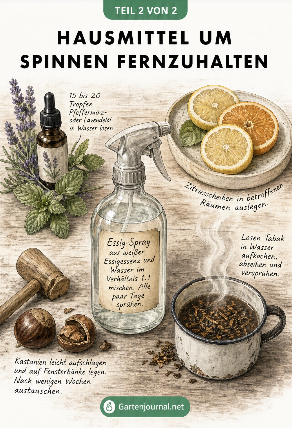 Illustration verschiedener Hausmittel gegen Spinnen wie Essig-Spray, Pfefferminzöl, Kastanien und Zitrusscheiben.