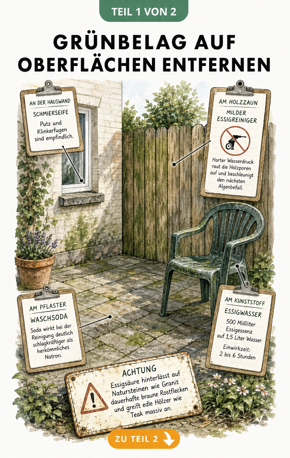 Illustration einer Terrasse mit Hausmitteln gegen Grünbelag auf Pflaster, Holz, Kunststoff und Hauswand