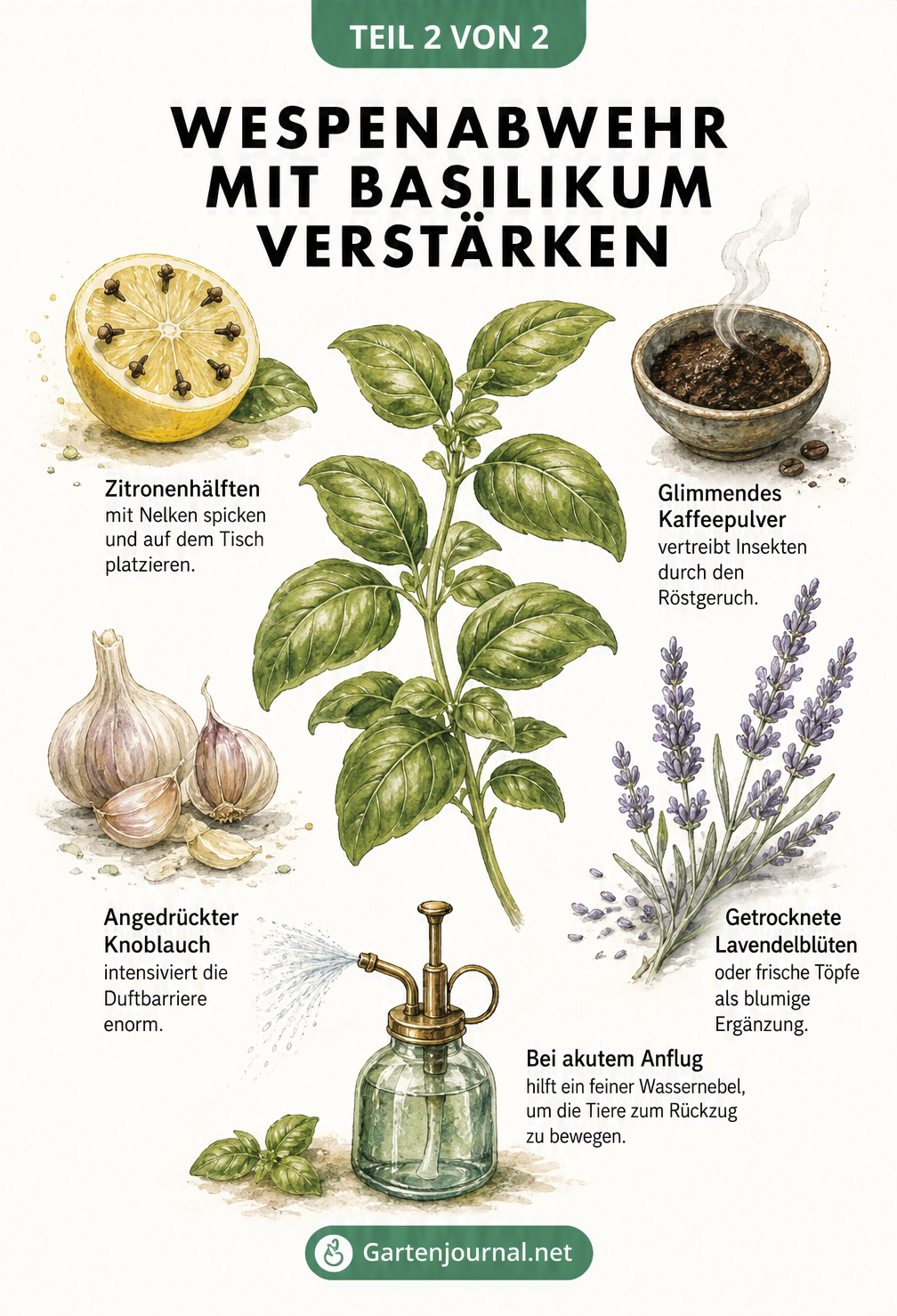 Botanische Illustration von Basilikum kombiniert mit Zitrone, Nelken, Kaffeepulver, Knoblauch und Lavendel zur Wespenabwehr