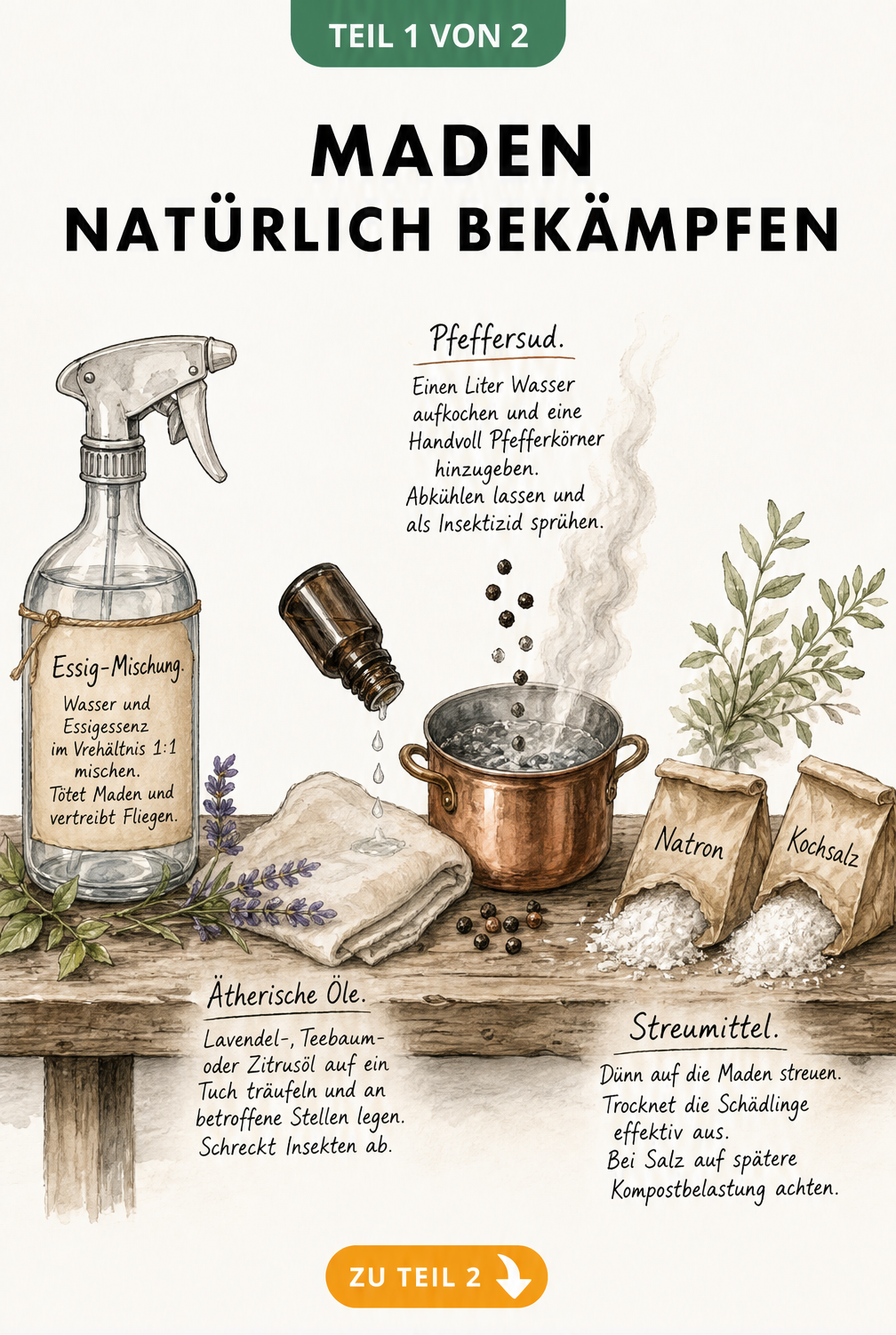Illustration verschiedener Hausmittel gegen Maden wie Essig, ätherische Öle, Pfeffersud und Natron