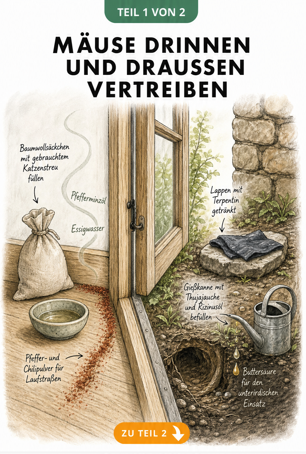Illustration eines Fensters, das Innen- und Außenbereich trennt, mit Hausmitteln wie Katzenstreu, Pfefferminzöl, Terpentin und Buttersäure gegen Mäuse.